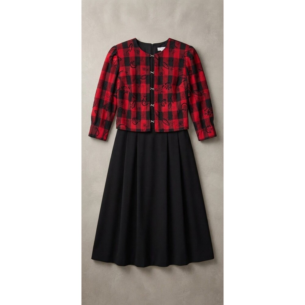 Vintage 90s Lady Dorby Womens 18W  Dress Red Black Buffalo Plaid Embroideried